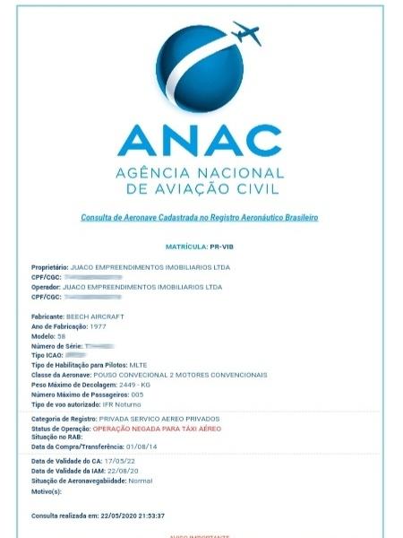 Registro de aeronaves PR-VIB na empresa Anac - Reprodução