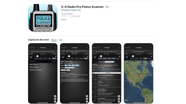Aplicativo 5-0 Radio Pro Police Scanner intercepta escutas telefônicas da polícia nos EUA - Play / Apple